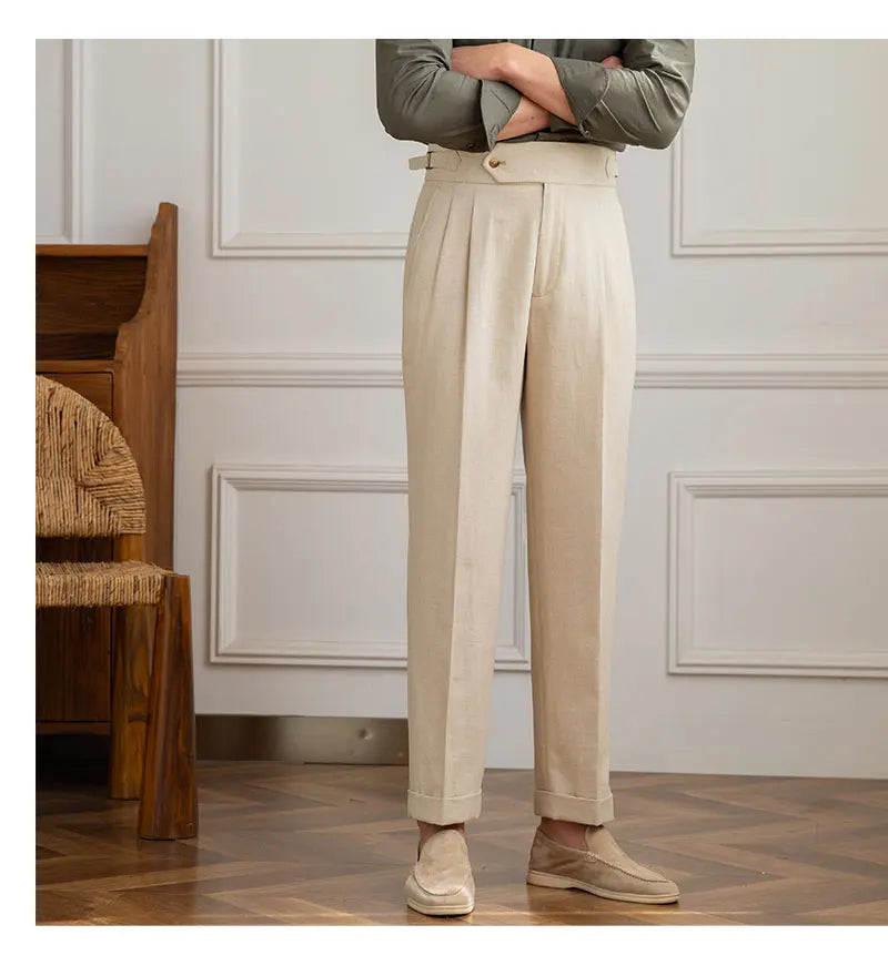 Three Gentleman Summer Naples Casual Straight Pants Men's Commuting Cotton and Linen Comfortable Breathable High Waist Pants