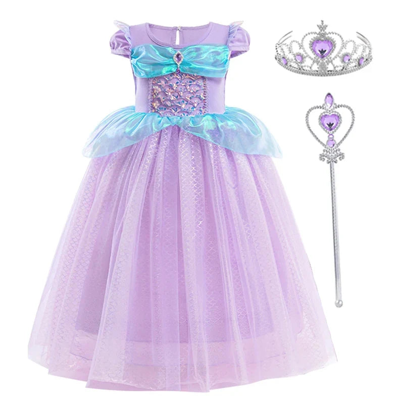 Little Mermaid Ariel Princess Costumes Young Girls Purple Dress Kids Cosplay Carnival Gown Birthday Tutu Dresses Summer New Wear