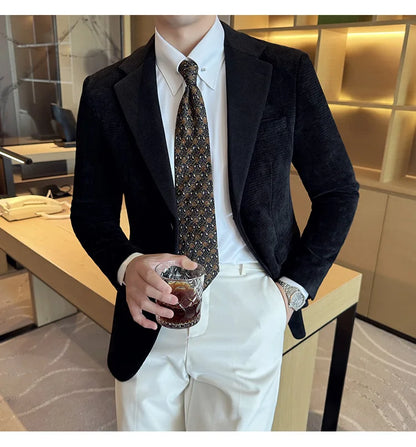 Autumn Winter Fashion Seaweed Pattern Suit Jacket High Quality Luxury Slim Fit Casual Men's Blazers Coats Social Prom Tuxedo