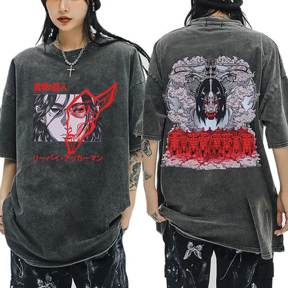 Anime Attack on Titan Washed T-Shirt Ackerman Mikasa Eren Jaeger Cherry Blossom Graphics Logo T Shirt Men Women Cotton T Shirts