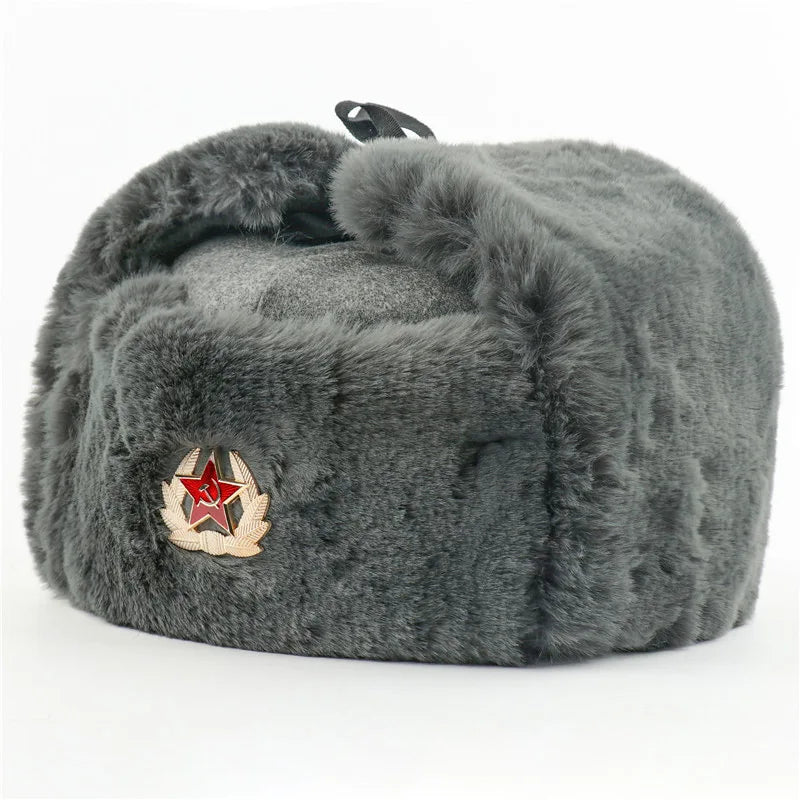 Soviet Badge Ushanka Men Winter Bomber Hats CCCP Pilot Faux Rabbit Fur Earflap Army Trapper Trooper Hat Russia Snow Cap
