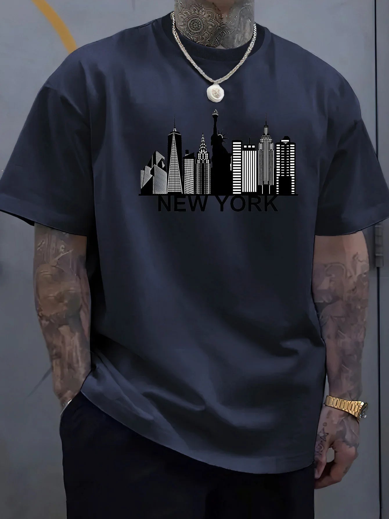 100% pure cotton men's New York city pattern printed fashionable casual loose sports round neck short sleeved T-shirt top