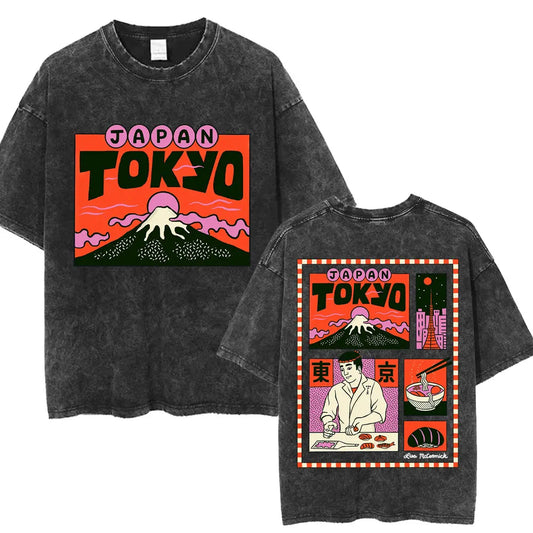 Japanese Tokyo Tokyo Culture Print Washed T Shirt Funny Fashion Vintage Men Women T-shirts Cotton Casual Loose Tees Streetwear