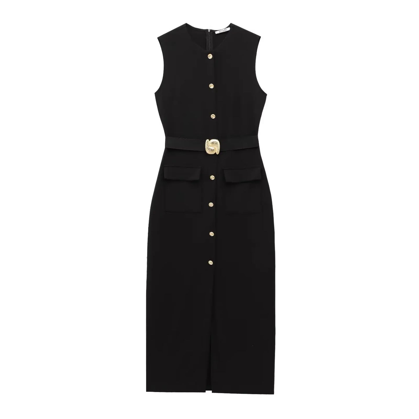 Female Summer Elegant Midi Dress O-Neck Hem Slit With Belt Sleeveless Single Breasted Back Zipper Fashion Long Dress