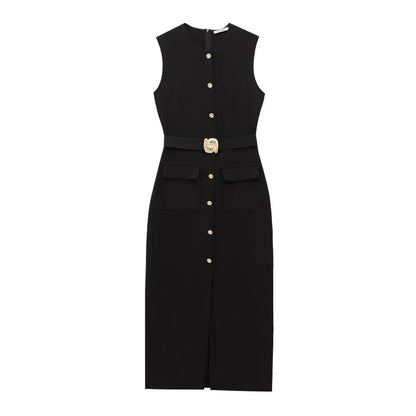 Female Summer Elegant Midi Dress O-Neck Hem Slit With Belt Sleeveless Single Breasted Back Zipper Fashion Long Dress