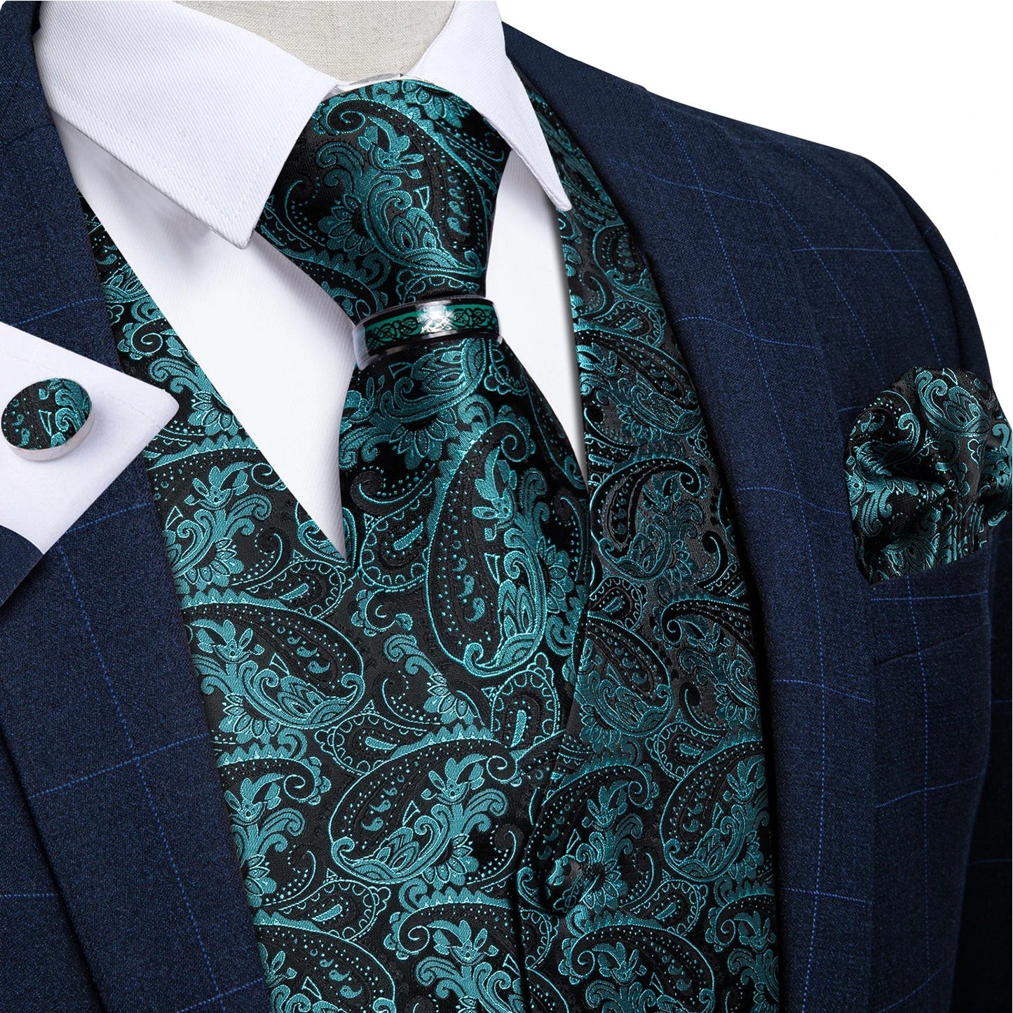 Luxury Green Paisley Solid Silk Suit Vest for Men Wedding Waistcoat Neck Tie Set Party Tuxedo Men Clothing DiBanGu