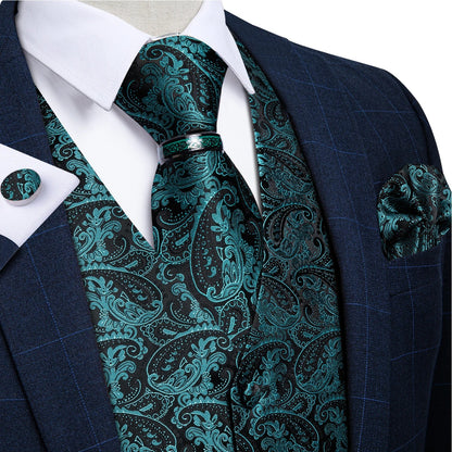 Luxury Green Paisley Solid Silk Suit Vest for Men Wedding Waistcoat Neck Tie Set Party Tuxedo Men Clothing DiBanGu