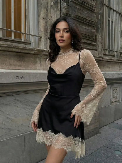 Women Elegant Fashion Lace Patchwork Dress Flare Sleeve Slim Mini Dresses 2026 Spring Summer Lady Sexy Party Evening Dress