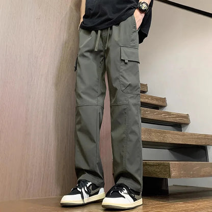 Summer Straight Cargo Pants Mens Multi-Pocket Work Casual Sweatpant Fashiom High Street Outdoor Casual Breathable Loose Trousers