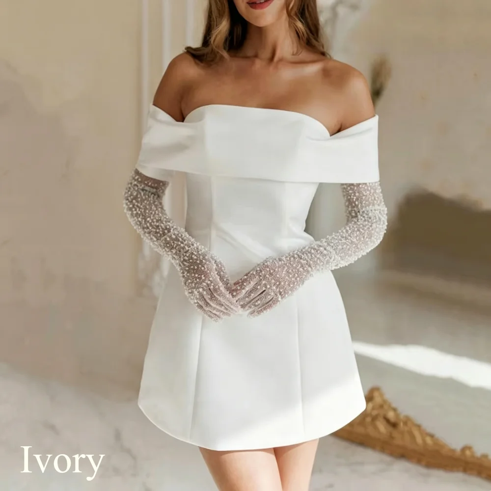 Simple A-Line Mini Wedding Dresses Elegant Long Sleeves Pleat Pearls Strapless Sexy Backless with Lace Up Short Gowns Customized
