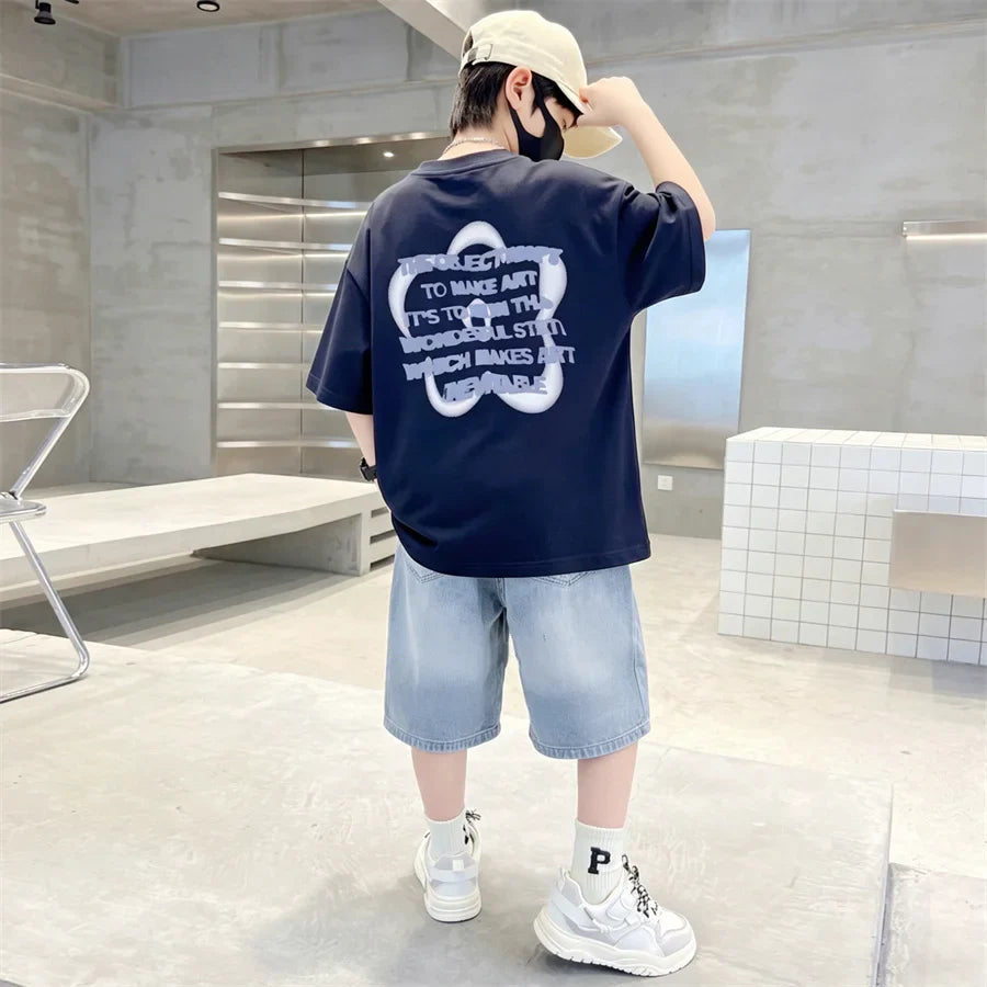 6-16 Year Children Short Sleeve Top And Bottom Clothing Set for Tween Boys Casual Streetwear Outfit Kids New Summer Clothes Suit