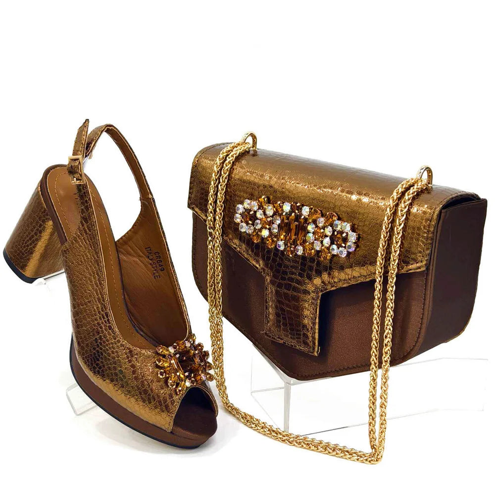 Italian Shoes and Bags Matching Set 2024 Women Heel Party for Silver Colour Italian Design Wedding Bigger Size Shoes