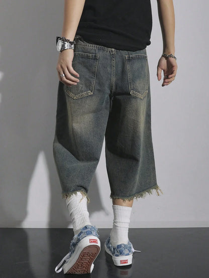 Men's Loose Ripped Denim Jeans 7 Point Calf Length Wide Leg Trousers Distressed Holes Frayed Hem Streetwear Casual Pants