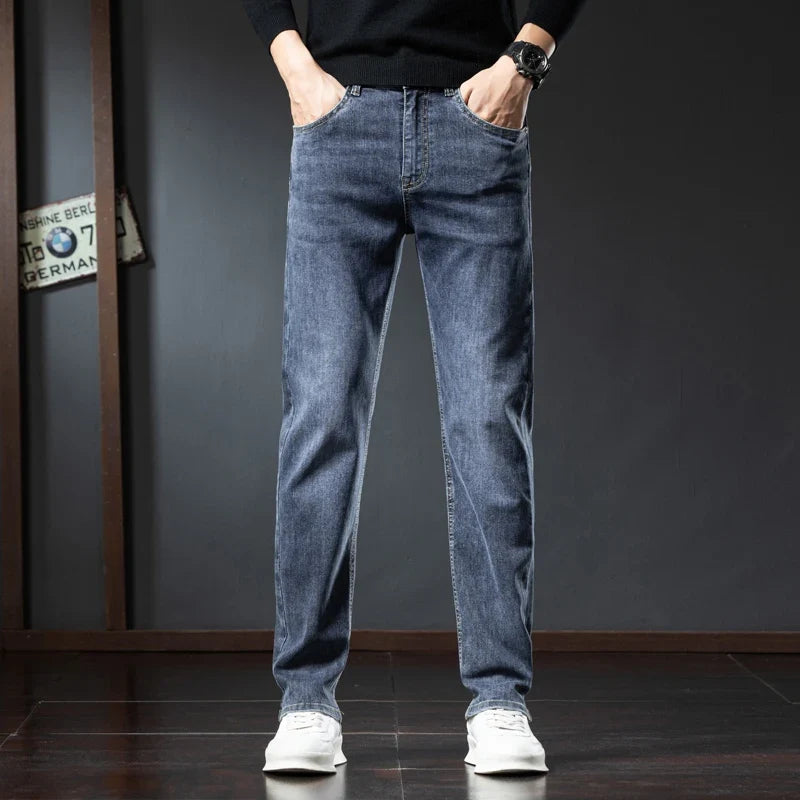 2025 Winter Fleece Jeans Men's Fashion Elastic Slim Straight Warm Trousers Thicken Business Casual Korean Thermal Denim Pants