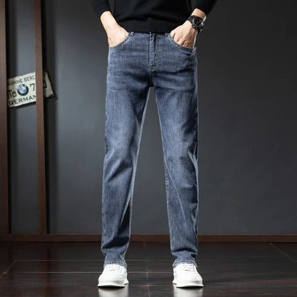 2025 Winter Fleece Jeans Men's Fashion Elastic Slim Straight Warm Trousers Thicken Business Casual Korean Thermal Denim Pants
