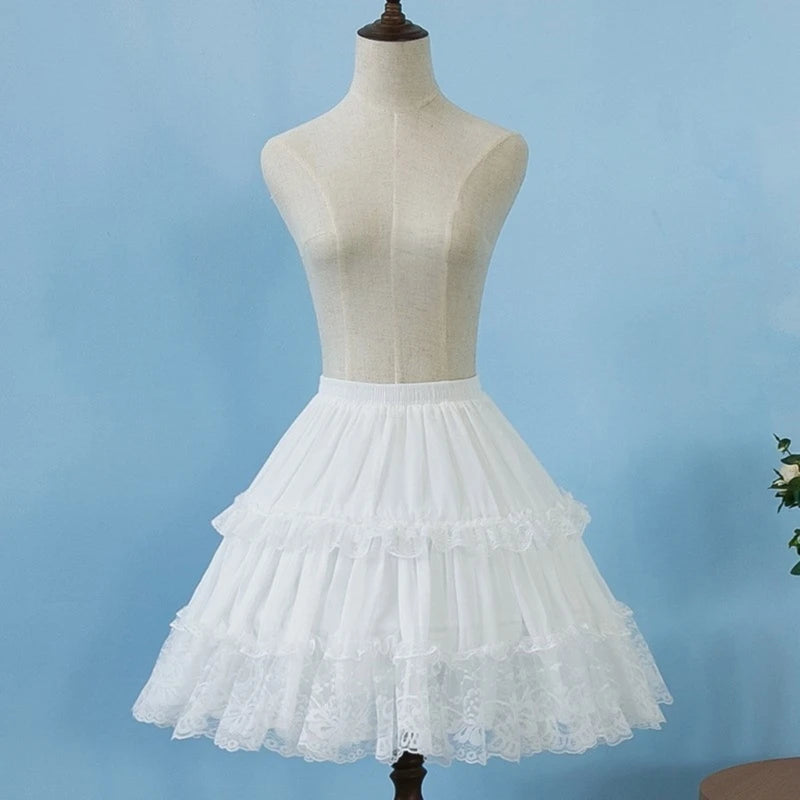 Womens Elastic Waist 2 Hoop Petticoat Ruffle Lace Short Half Slip Underskirt