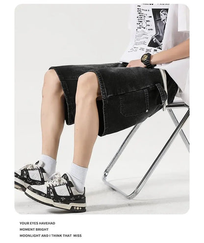 Men's Baggy Cargo Shorts Summer New Fashion Drawstring Straight Casual Jeans Streetwear Pocket Splicing Male Short Pants