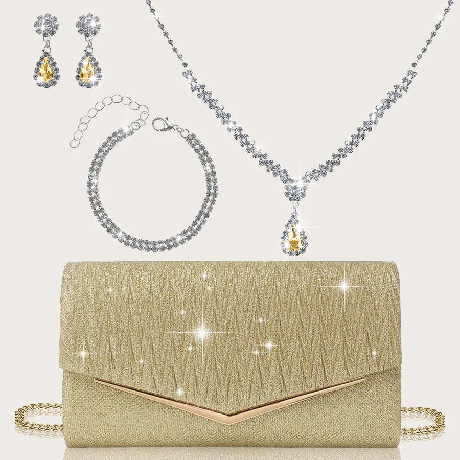 Elegant and Lightweight Pleated Metal Strip Flap Party Women's Clutch, Exquisite and Charming Women's Business Bag, Shiny Metal Strip Flap Women's Evening Bag and Fashionable Small Square Bag, Complete with a Gorgeous Rhinest