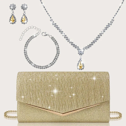 Elegant and Lightweight Pleated Metal Strip Flap Party Women's Clutch, Exquisite and Charming Women's Business Bag, Shiny Metal Strip Flap Women's Evening Bag and Fashionable Small Square Bag, Complete with a Gorgeous Rhinest