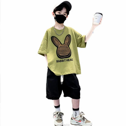 Cartoon Rabbit Boys Summer Clothing Two Piece Set Outfits Short Sleeved T-shirt Shorts Tracksuits Kids Children Casual Costumes