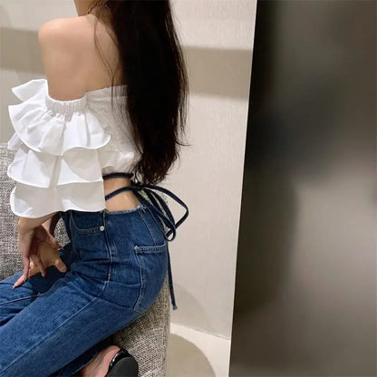 Off Shoulder Fashion Woman Blouse Stacked Ruffles Crop Top Shirt Summer Designer Short Sleeve Chiffon Sexy 2023 New