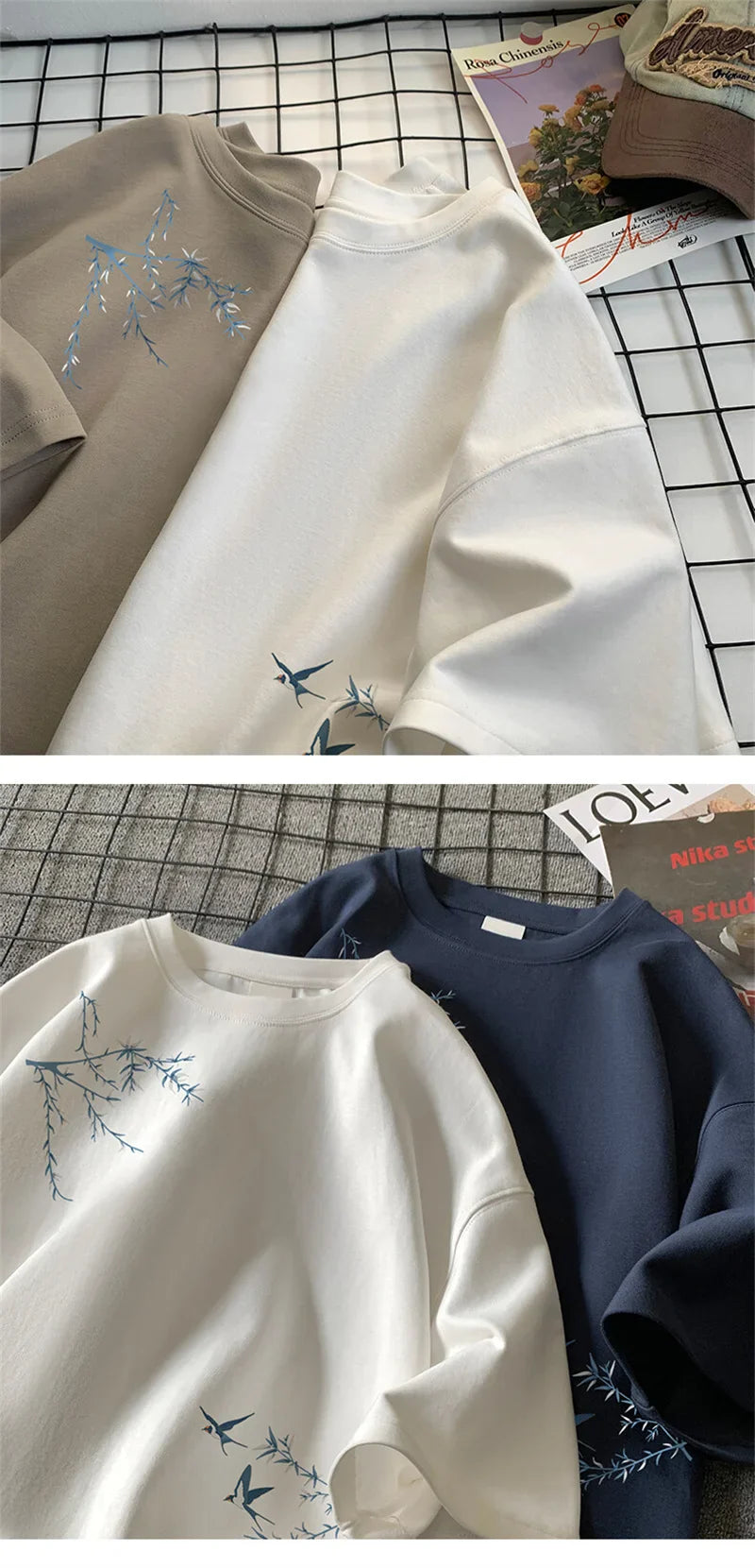 Men's Oversized T-shirts Fashion White 5XL Cotton T Shirt for Men Casual Summer Wear Bird Print Tee Shirts Men Clothing