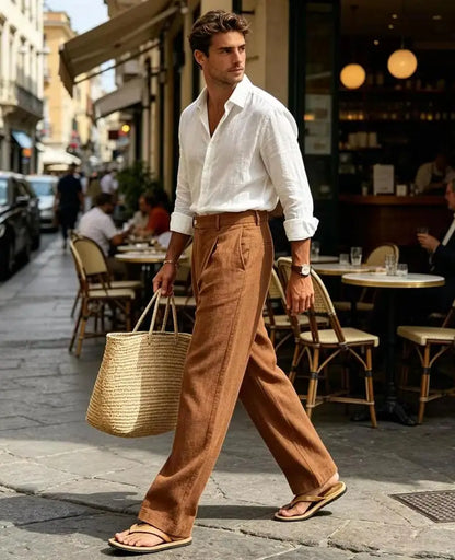 Men's Linen Summer Beach Trousers Casual Dress Pants Elastic Waist Pleated Loose Fit Lightweight Yoga Vacation Lounge Pants