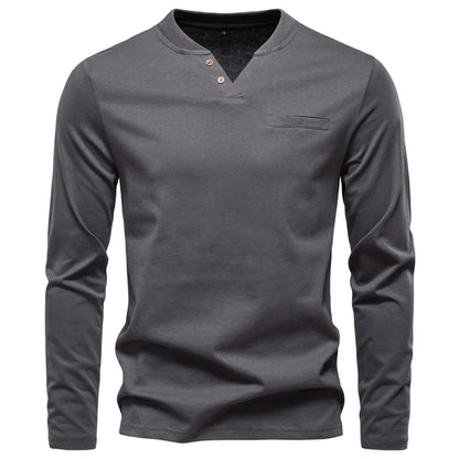 High Quality Men's long sleeve t-shirt Fashion pure 100% cotton henley collar T shirt man polera manga larga hombre