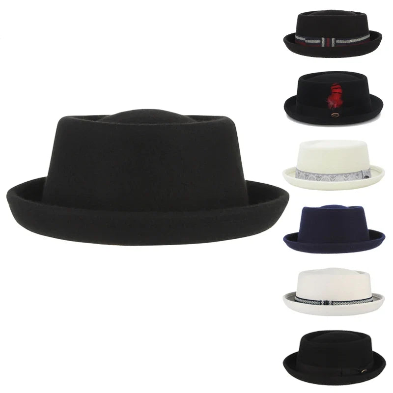 100% Wool Pork Pie Fedora Hat for Women Men Autumn Winter Felt Curved Brim Porkpie Hat
