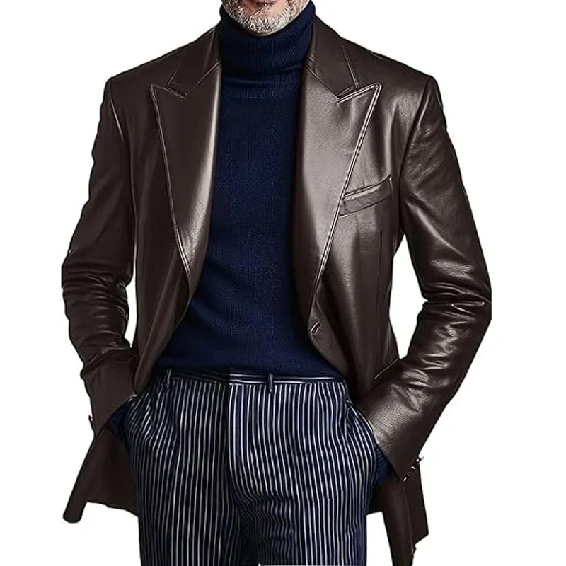 Men's Dress Leather Jacket Burgundy Luxury Slim Fit Notchde Lapel Flap Pocket Retro Soft Sport Coat For Business Casual