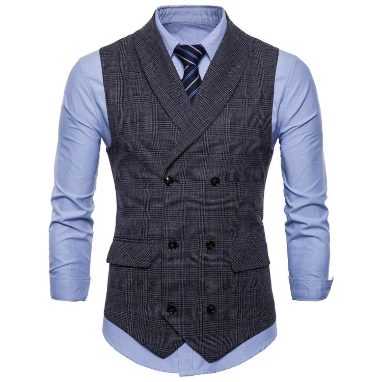 New Men's Checkered Vest, Male Casual Business Suit Vest, Plus Size British-Style  Four Seasons Double Breasted Slim Fit Vest