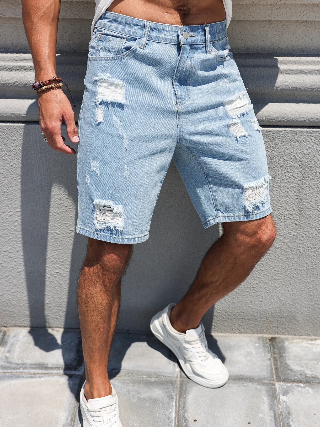 Hole-washed Water Buffalo Denim Short Pants - Men's Trendy Loose Straight Five-Piece Casual Shorts - Summer New Style