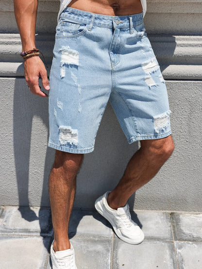 Hole-washed Water Buffalo Denim Short Pants - Men's Trendy Loose Straight Five-Piece Casual Shorts - Summer New Style