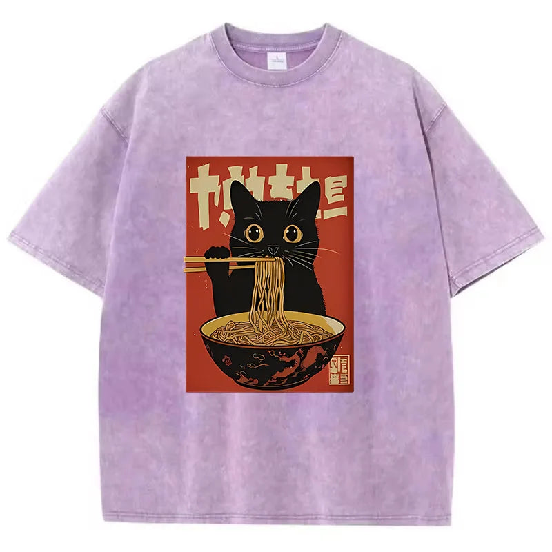 T Shirt Vintage Washed 100% Cotton T-Shirt Black Retro Cat Eating Ramen Graphic Tee Casual Streetwear for Spring Summer Fall