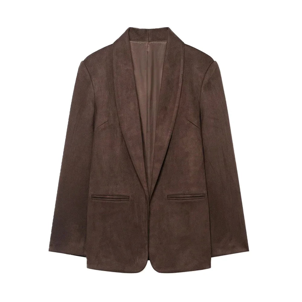 Women's Chic Faux Suede Leather Blazer Coat Long Sleeve with Welt Pockets Fashion Outerwear