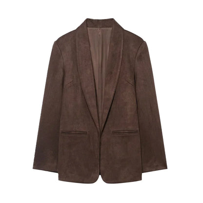 Women's Chic Faux Suede Leather Blazer Coat Long Sleeve with Welt Pockets Fashion Outerwear