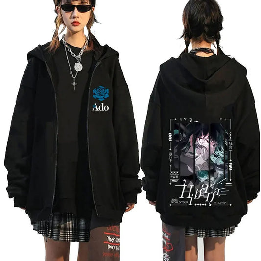 Ado World Tour 2025 Hibana Zipper Hoodie Men Women Fashion Japanese Style Zip Up Jacket Unisex Casual Vintage Zip Up Sweatshirt