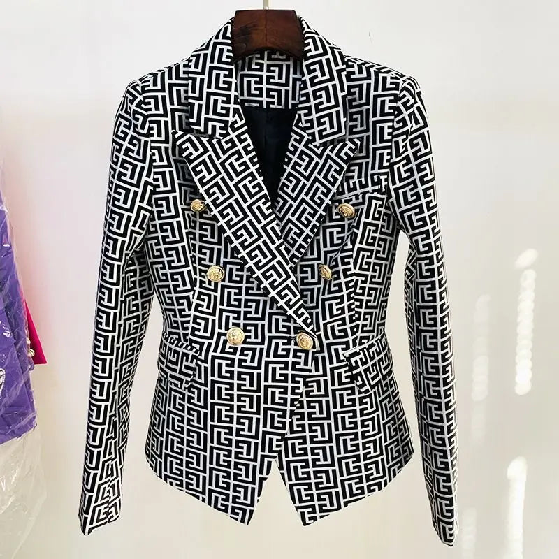Spring High-end Fashion Women's Elegant Mid To Long Suit Jacket with Collar Print Design and Double Breasted Versatile Jacket