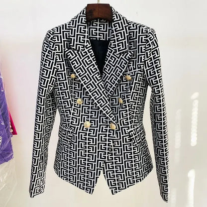 Spring High-end Fashion Women's Elegant Mid To Long Suit Jacket with Collar Print Design and Double Breasted Versatile Jacket