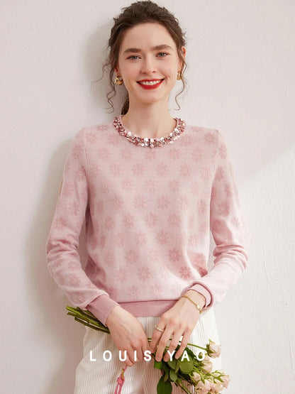 2024 Autumn Elegant Jacquard Fashion Glitter Bead Chain Decoration Round Neck Long Sleeve Women's Knitted Shirt