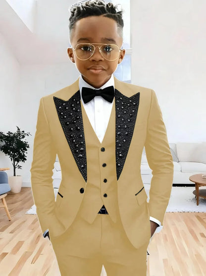 Boys Luxury Beaded Suit Set 3 Pieces For Evening Party High Quality Peak Lapel Suits Piano Performance Wear Elegant Plus Size