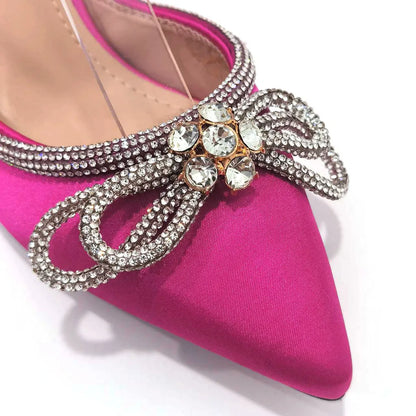 2023 Ladies Pointed-Toe Party High Heels Magenta Colour Bow Rhinestone Stereo Bag Evening  African Wedding Shoe And Bag Set
