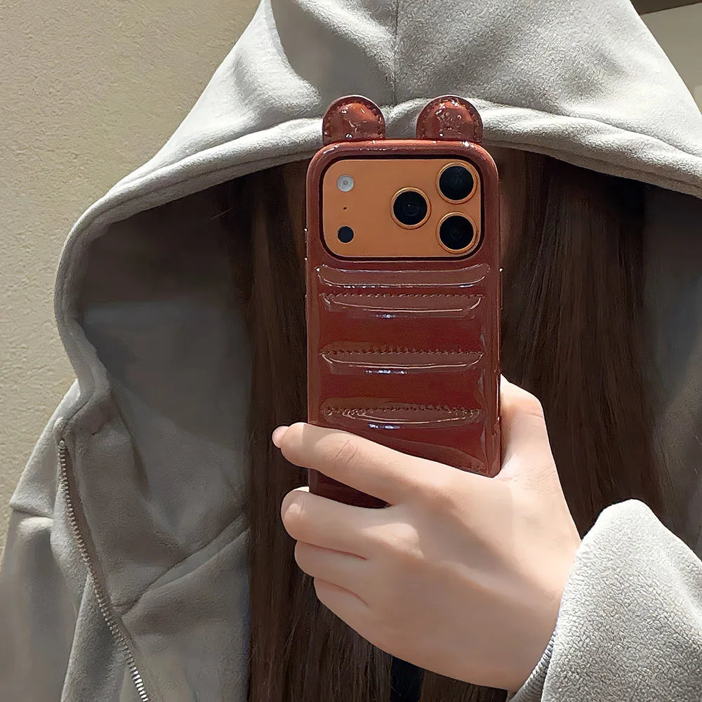 Coordinated Winter Bear-Ear Down Jacket For iPhone 17 16 15 14 Pro Max Phone Case Shockproof Fashion Cover Skin Leather Funda