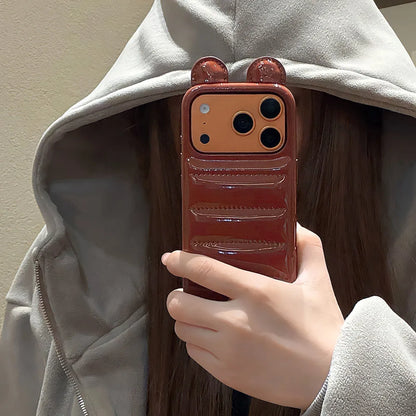 Coordinated Winter Bear-Ear Down Jacket For iPhone 17 16 15 14 Pro Max Phone Case Shockproof Fashion Cover Skin Leather Funda