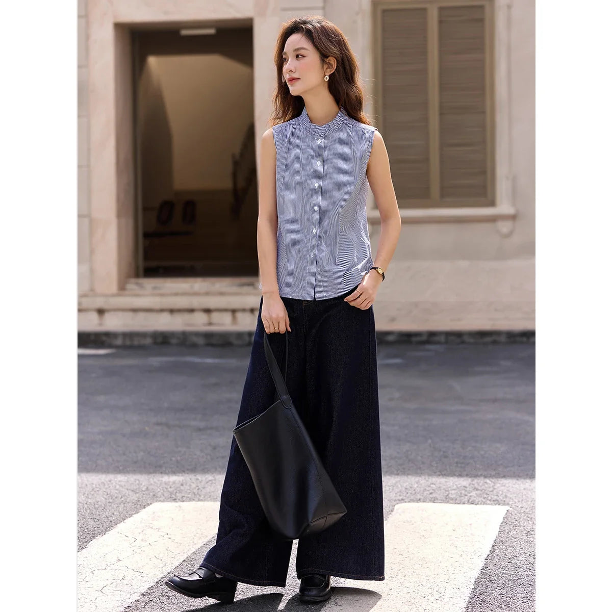 Women's Navy Blue Striped Sleeveless Shirts Office Lady 2026 Spring New Casual Ruffled Stand Neck Female Blouses A3565