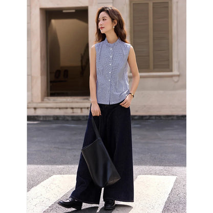 Women's Navy Blue Striped Sleeveless Shirts Office Lady 2026 Spring New Casual Ruffled Stand Neck Female Blouses A3565