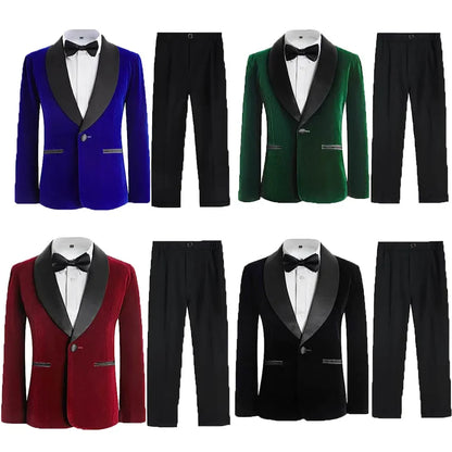 Flower Boys Velvet Jacket Pants Bowtie 3PCS Photograph Suit Kids 1Year Birthday Dress Children Wedding Performance Evening Set