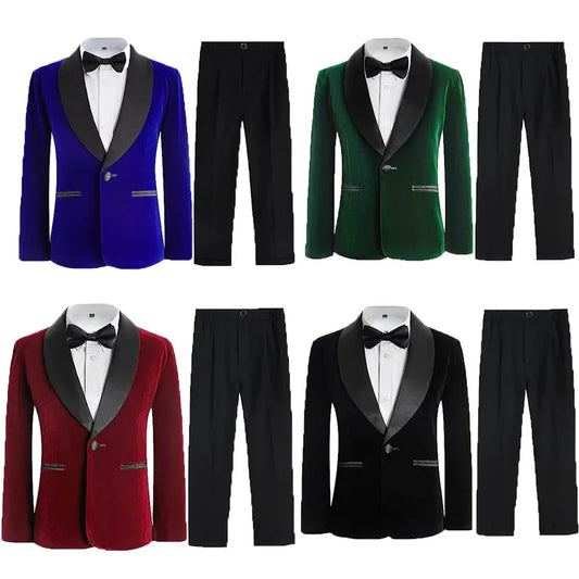 Flower Boys Velvet Jacket Pants Bowtie 3PCS Photograph Suit Kids 1Year Birthday Dress Children Wedding Performance Evening Set