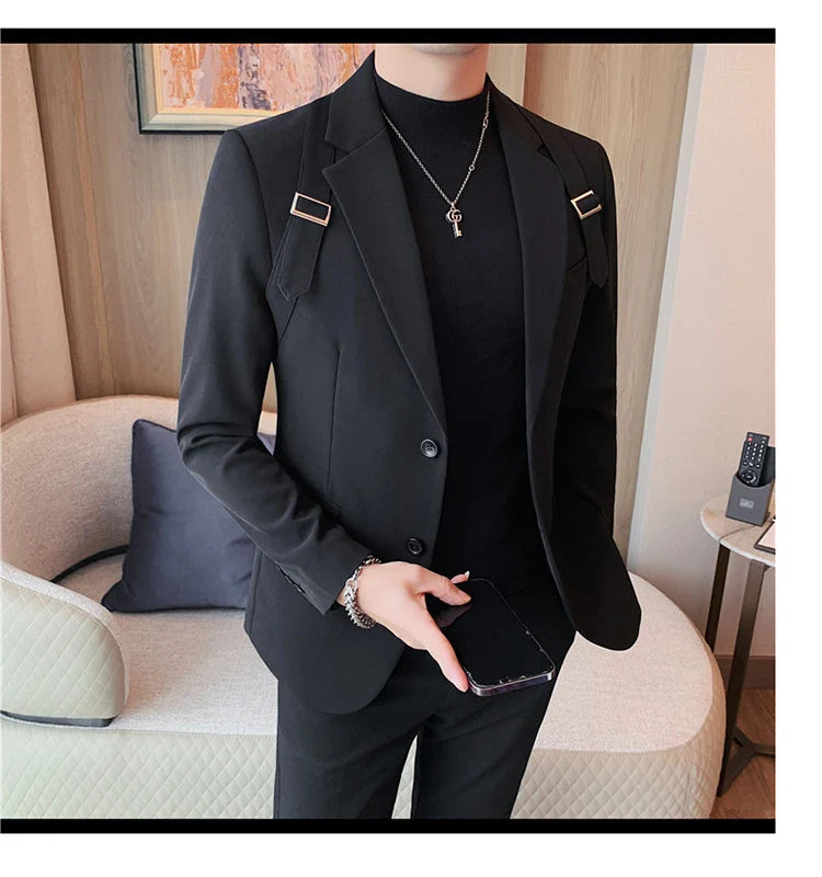2024 Autumn Winter New Strap Decoration Suit Jacket for Men Fashion Slim Casual Business Blazers Groom Wedding Social Tailcoat