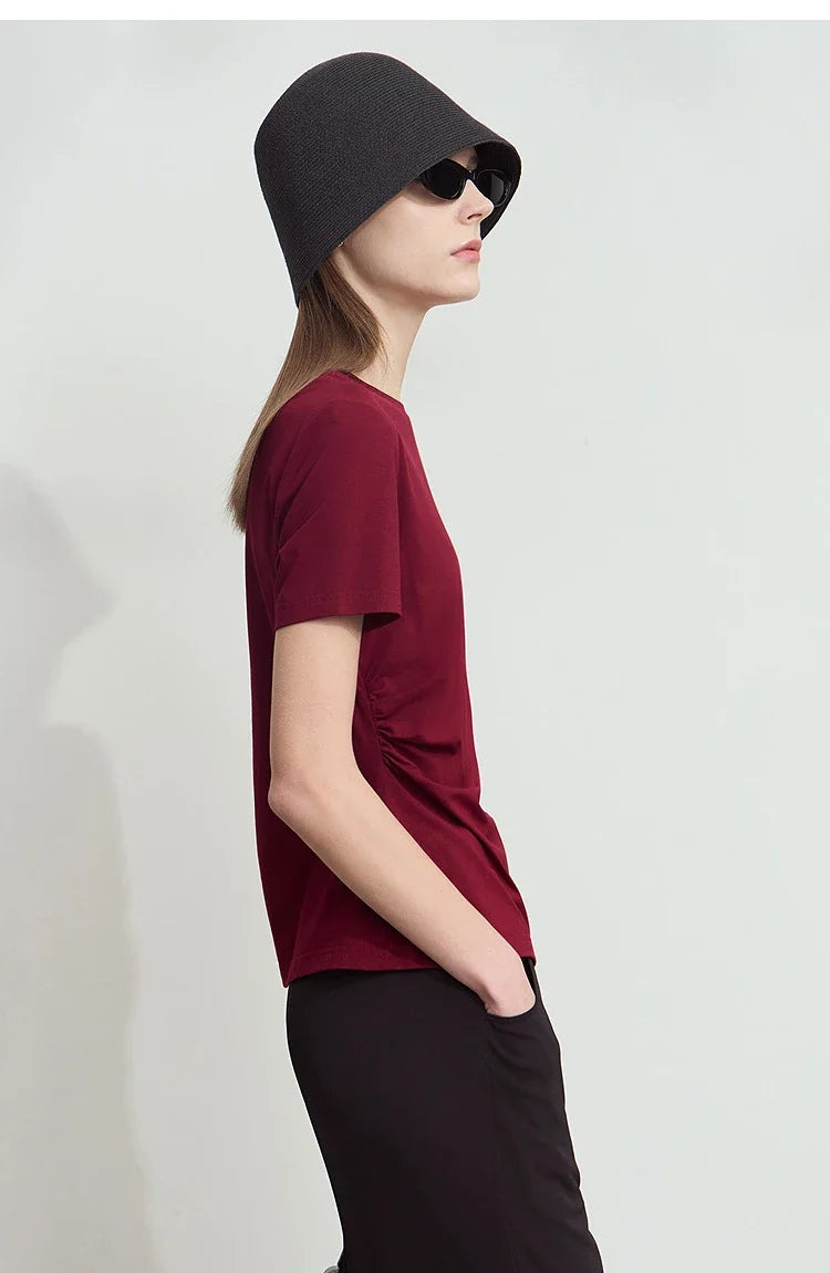 Minimalist T-shirt Women's Tops O-Neck Broken Pleats Slightly Cinched Waist Cotton Knit Tees Antibacterial T-shirt 12522045